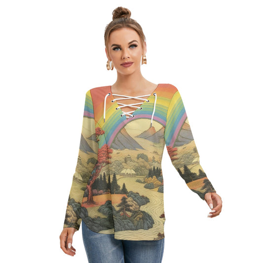 All-Over Print Women's Long Sleeve Neckline Tie Sweatshirt
