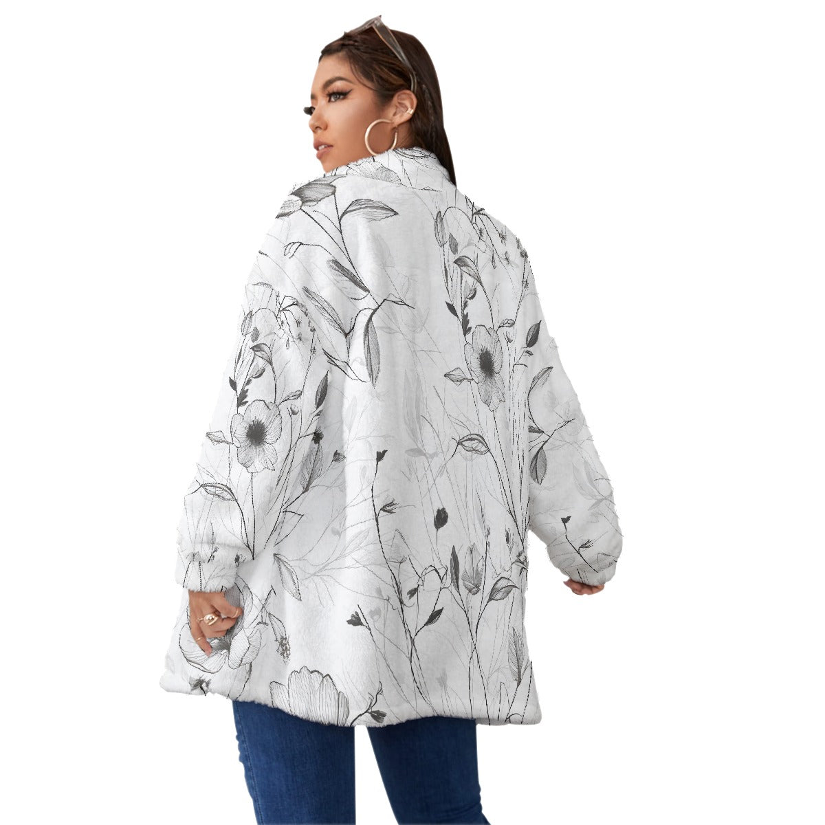 All-Over Print Unisex Borg Fleece Stand-up Collar Coat With Zipper Closure(Plus Size)
