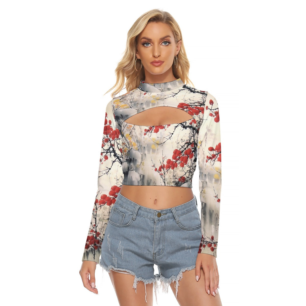 All-Over Print Women's Hollow Chest Keyhole Tight Crop Top