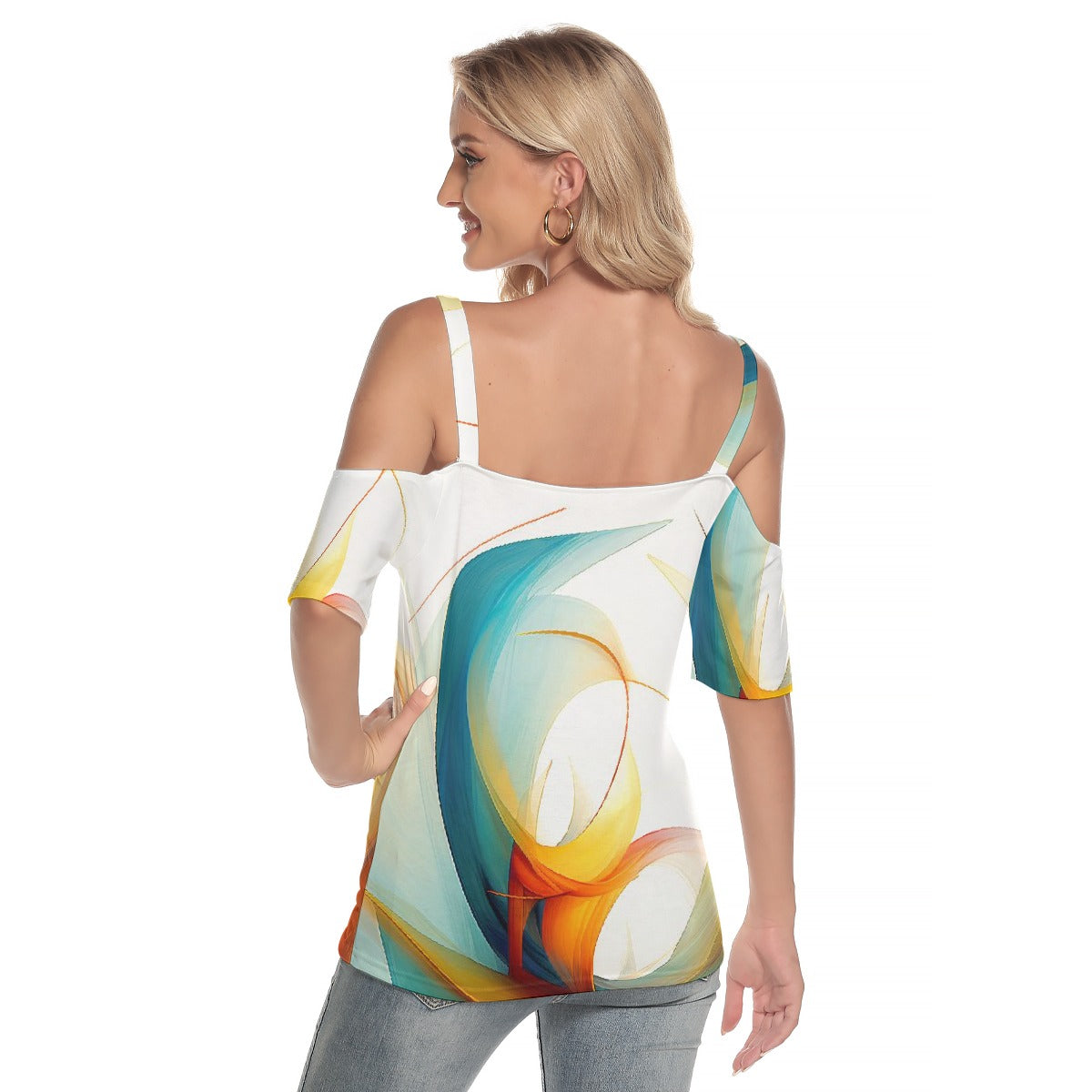 All-Over Print Women's Cold Shoulder T-shirt With Criss Cross Strips