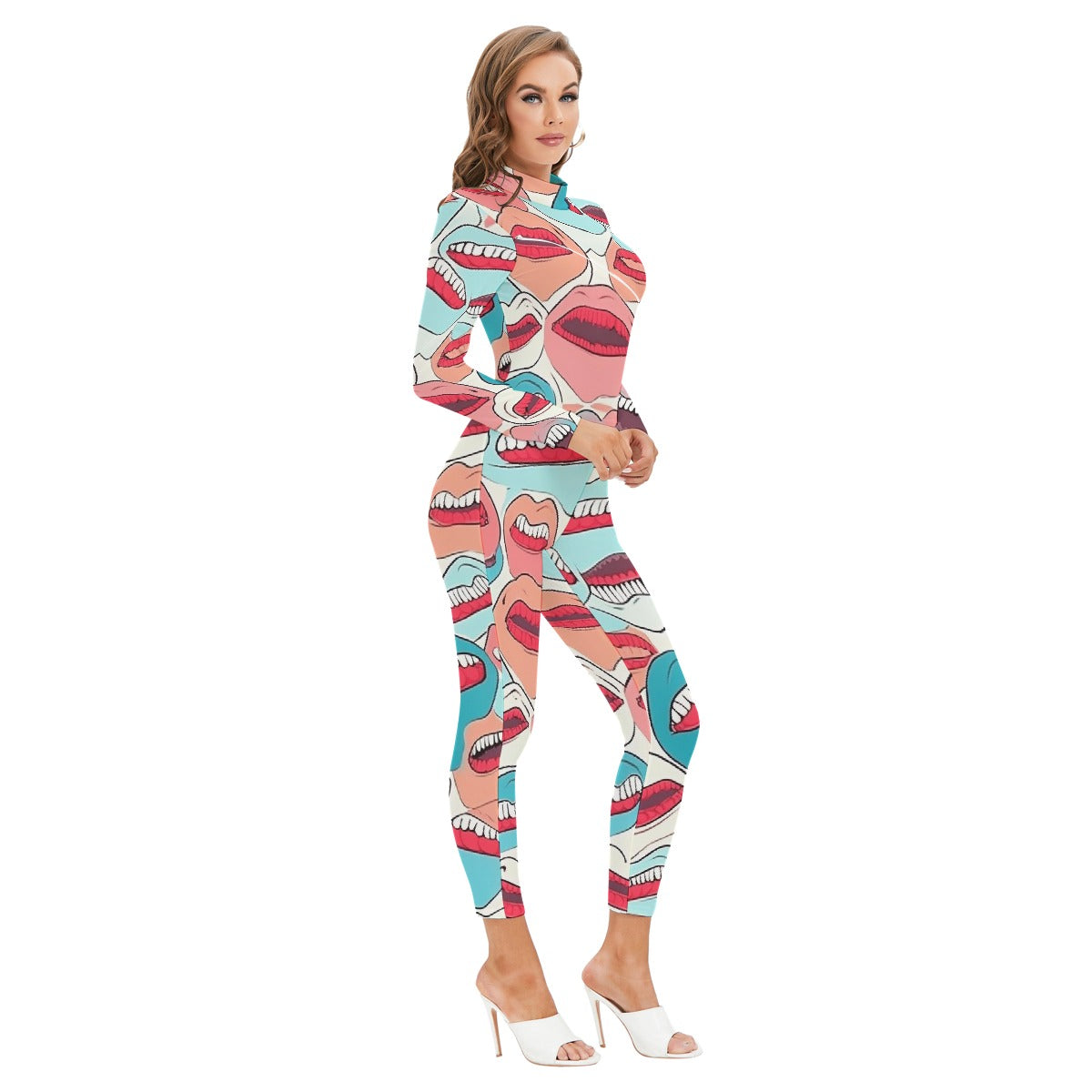 All-Over Print Women's Long-sleeved High-neck Jumpsuit With Zipper