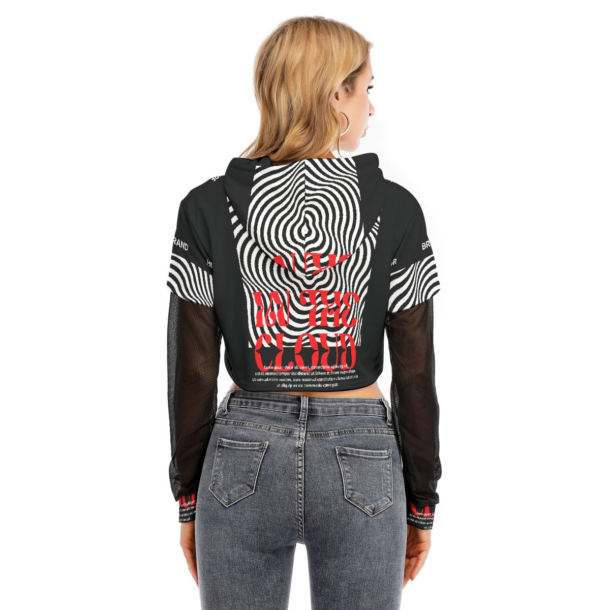All-Over Print Women's Fake Two-piece Mesh Sleeve Cropped Hoodie