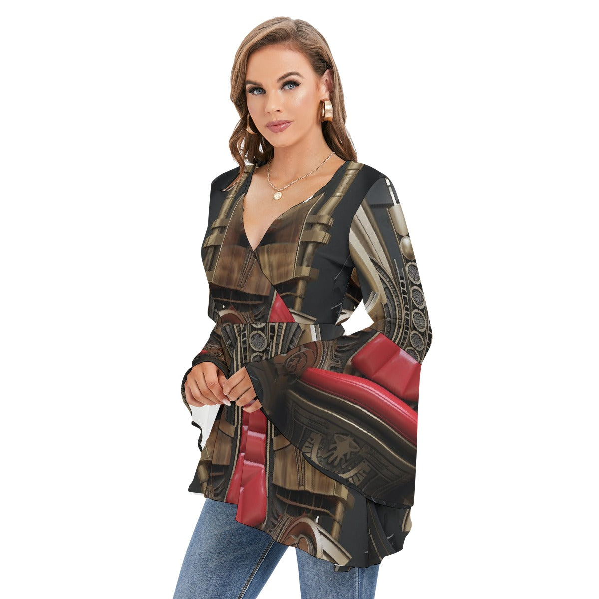 All-Over Print Women's V-neck Blouse With Flared Sleeves