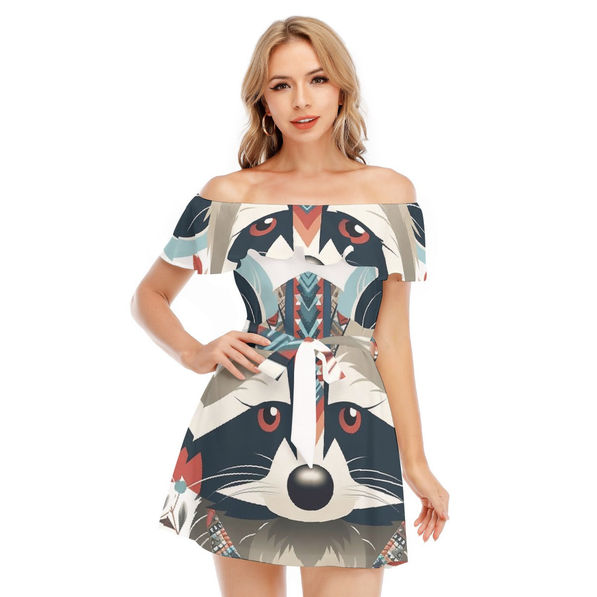 All-Over Print Women's Off-shoulder Dress With Ruffle
