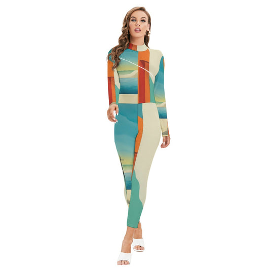 All-Over Print Women's Long-sleeved High-neck Jumpsuit With Zipper