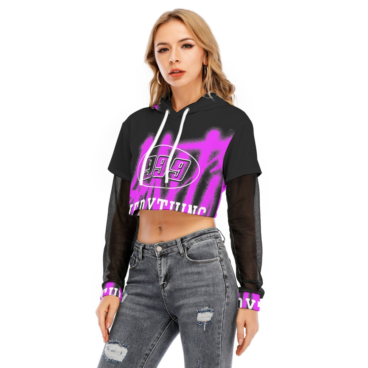 All-Over Print Women's Fake Two-piece Mesh Sleeve Cropped Hoodie