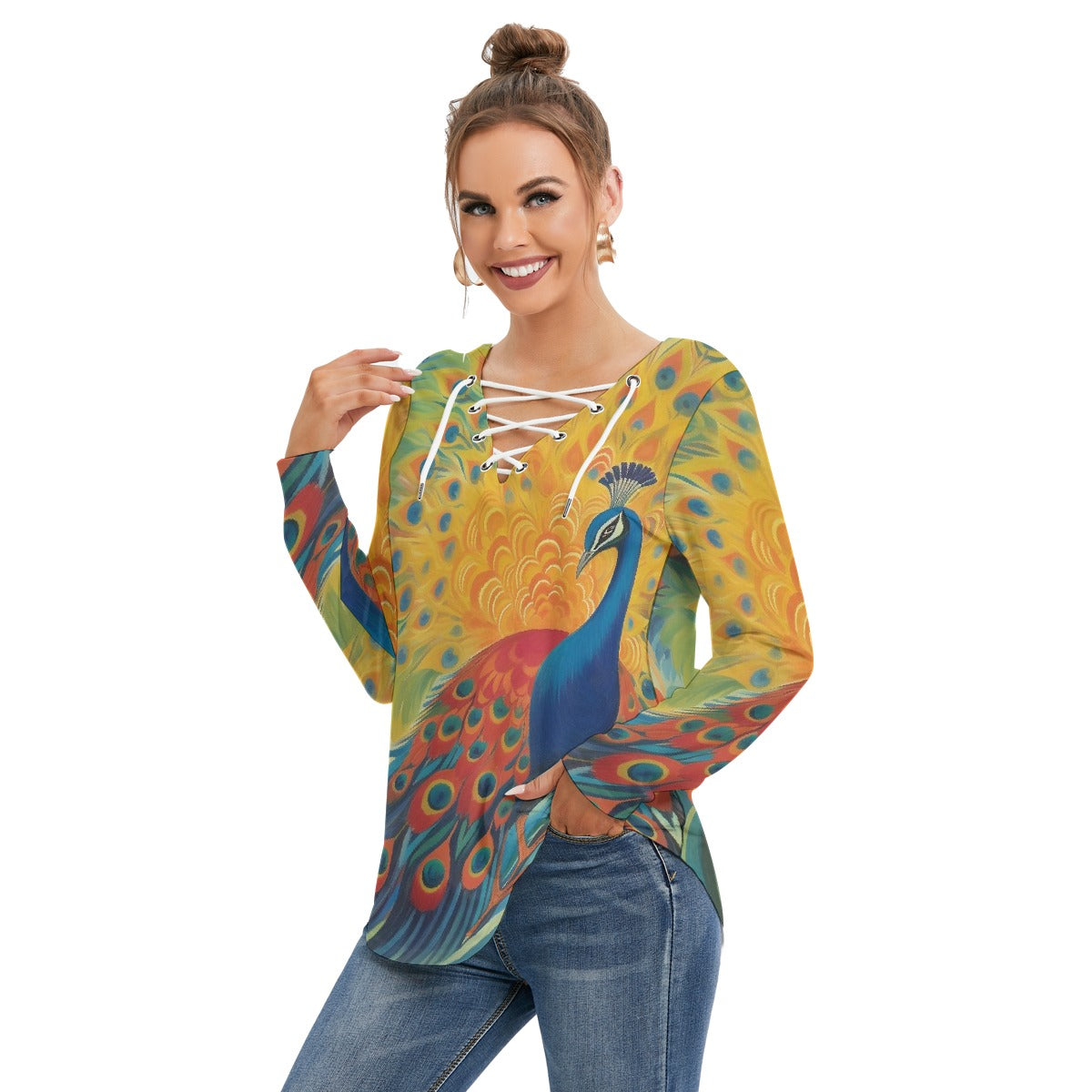All-Over Print Women's Long Sleeve Neckline Tie Sweatshirt