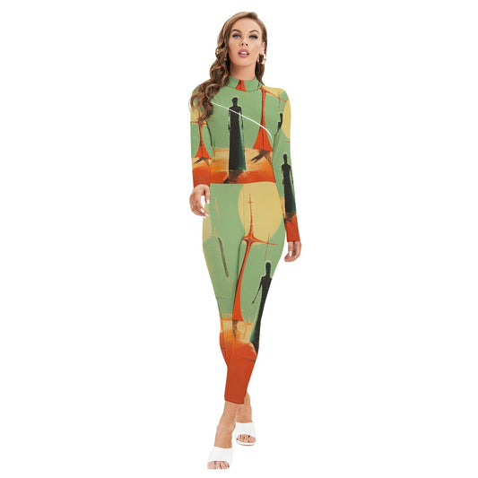 All-Over Print Women's Long-sleeved High-neck Jumpsuit With Zipper