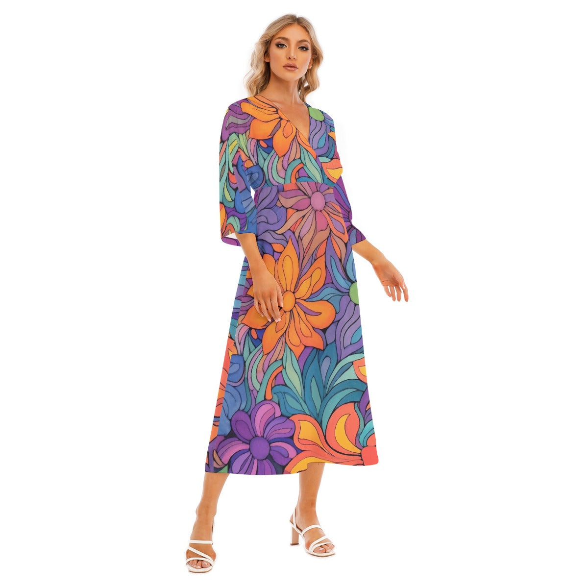 All-Over Print Women's Mid-Sleeve Long Dress