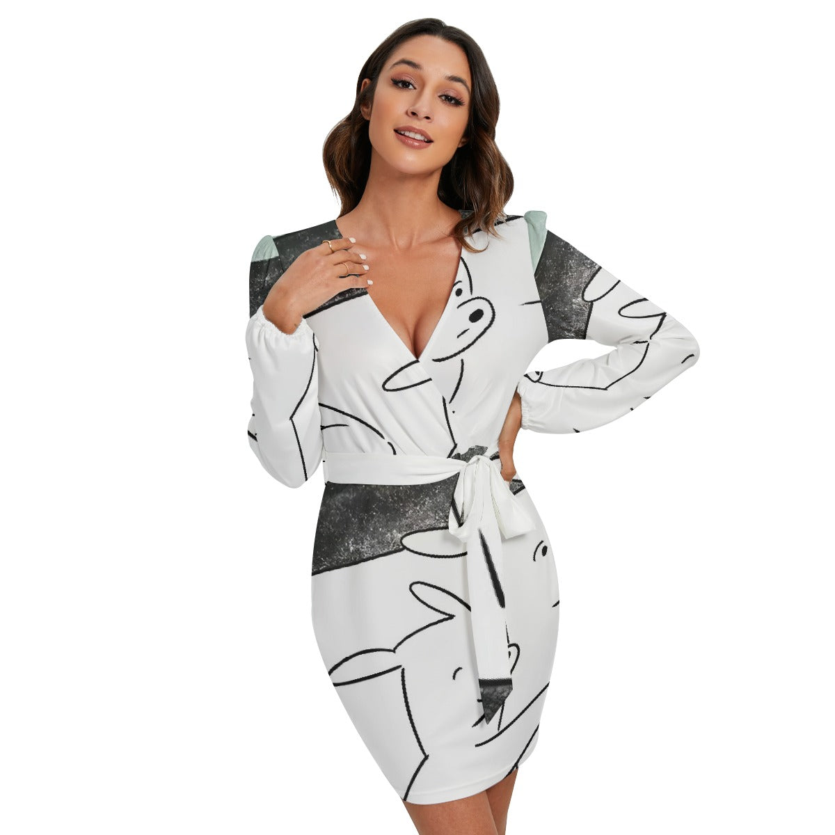 All-Over Print Women's Long Sleeve Dress With Waist Belt