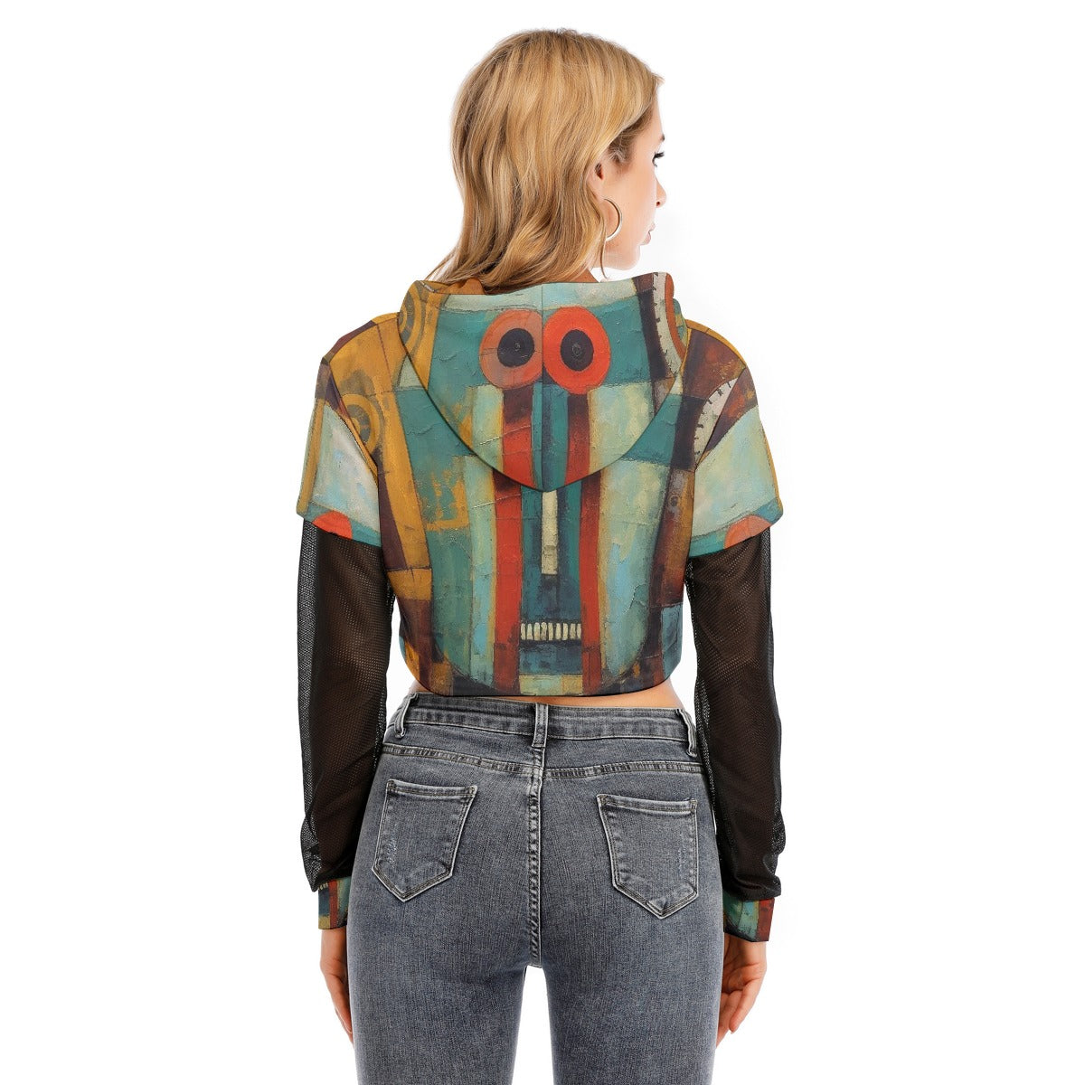 All-Over Print Women's Fake Two-piece Mesh Sleeve Cropped Hoodie