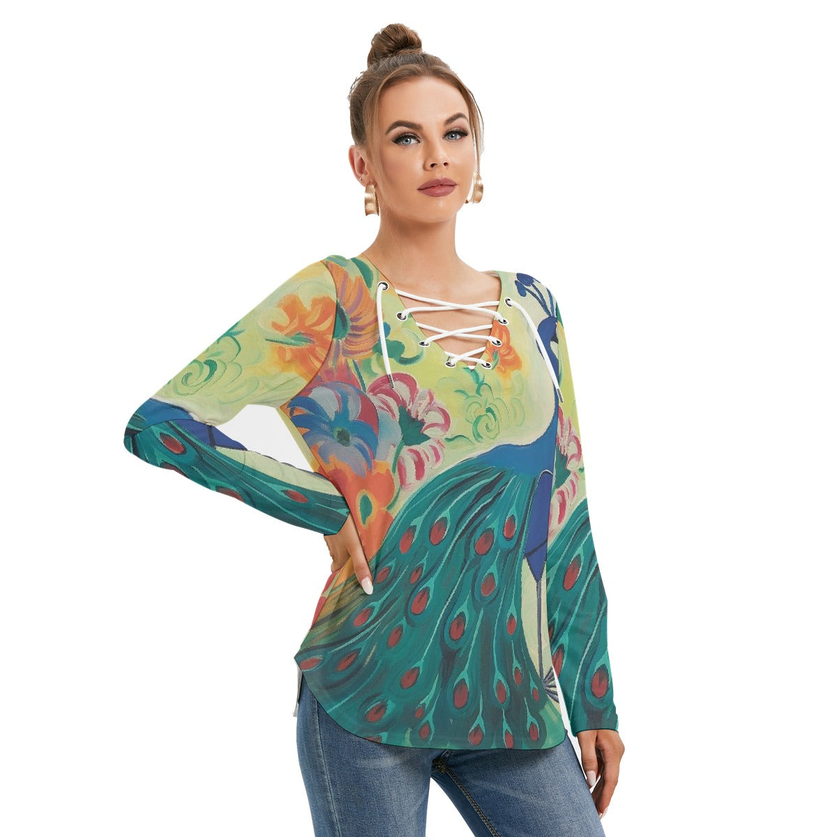 All-Over Print Women's Long Sleeve Neckline Tie Sweatshirt