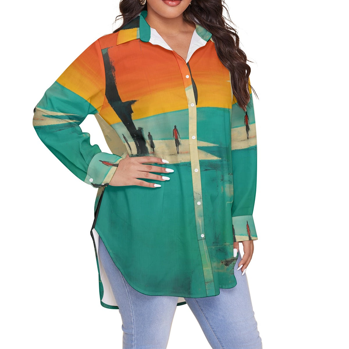 All-Over Print Women's Shirt With Long Sleeve(Plus Size)