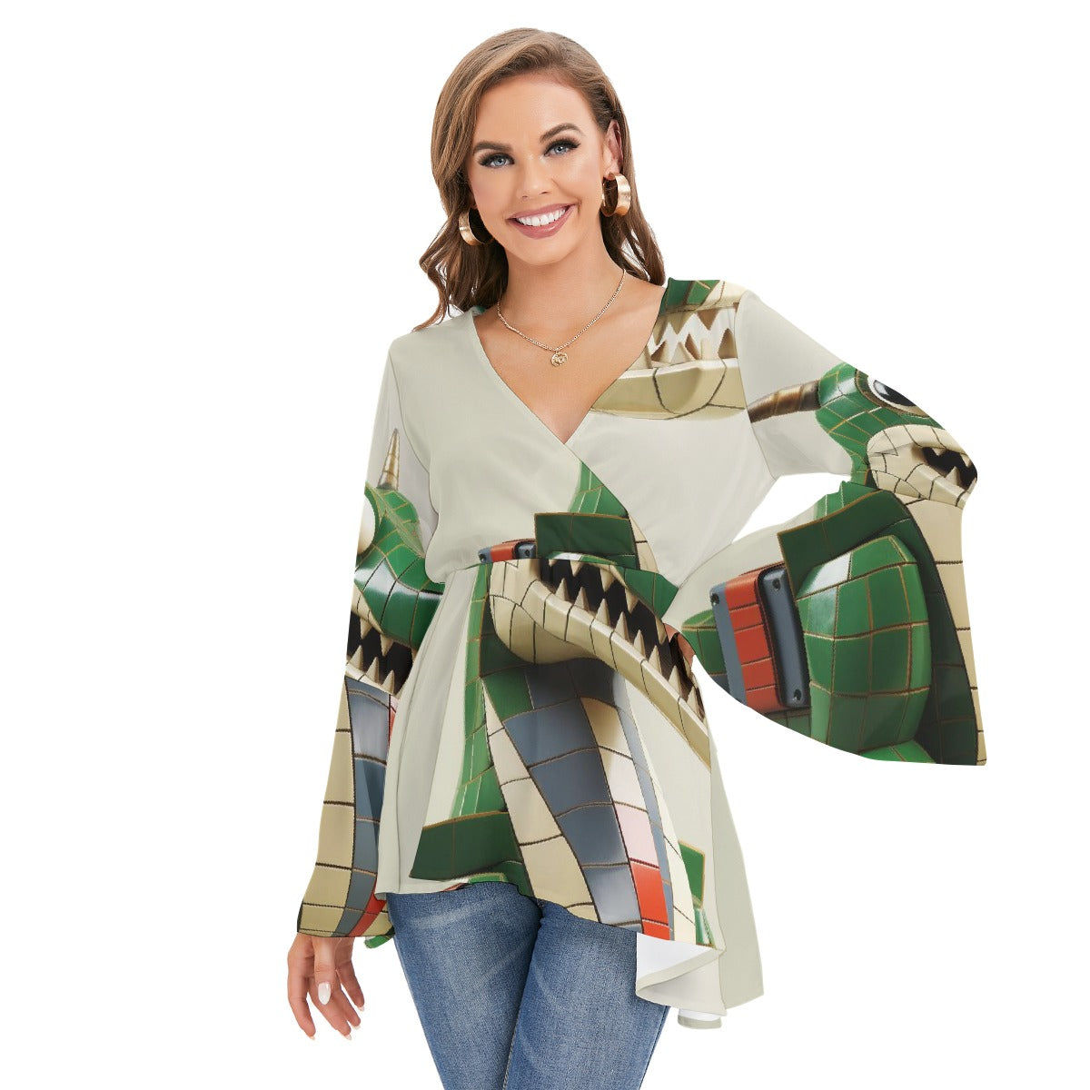 All-Over Print Women's V-neck Blouse With Flared Sleeves