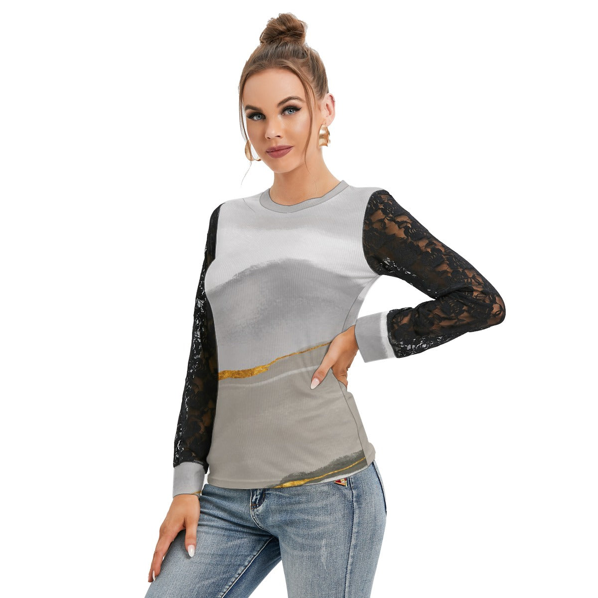 All-Over Print Women's T-shirt And Sleeve With Black Lace