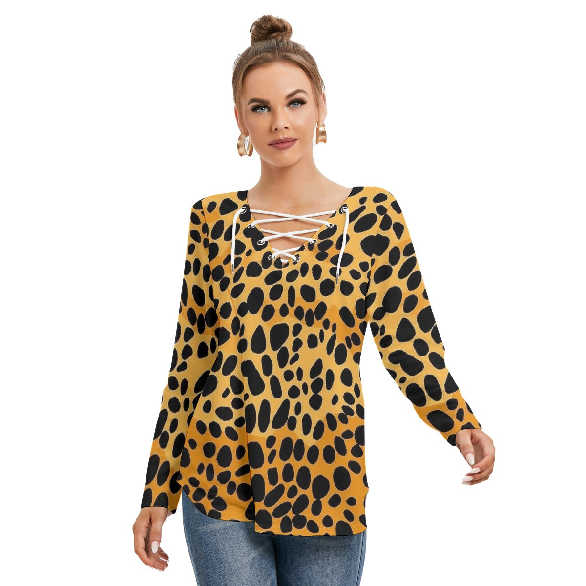 All-Over Print Women's Long Sleeve Neckline Tie Sweatshirt