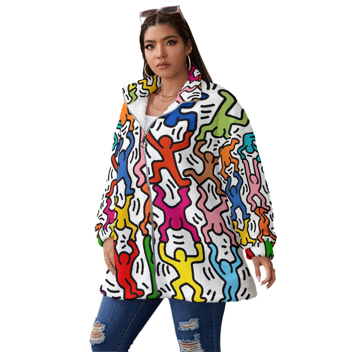 All-Over Print Unisex Borg Fleece Stand-up Collar Coat With Zipper Closure(Plus Size)