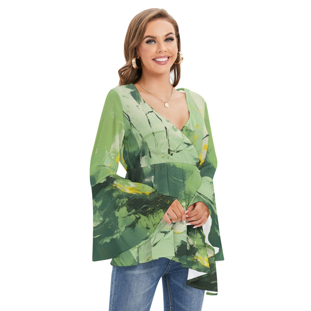 All-Over Print Women's V-neck Blouse With Flared Sleeves