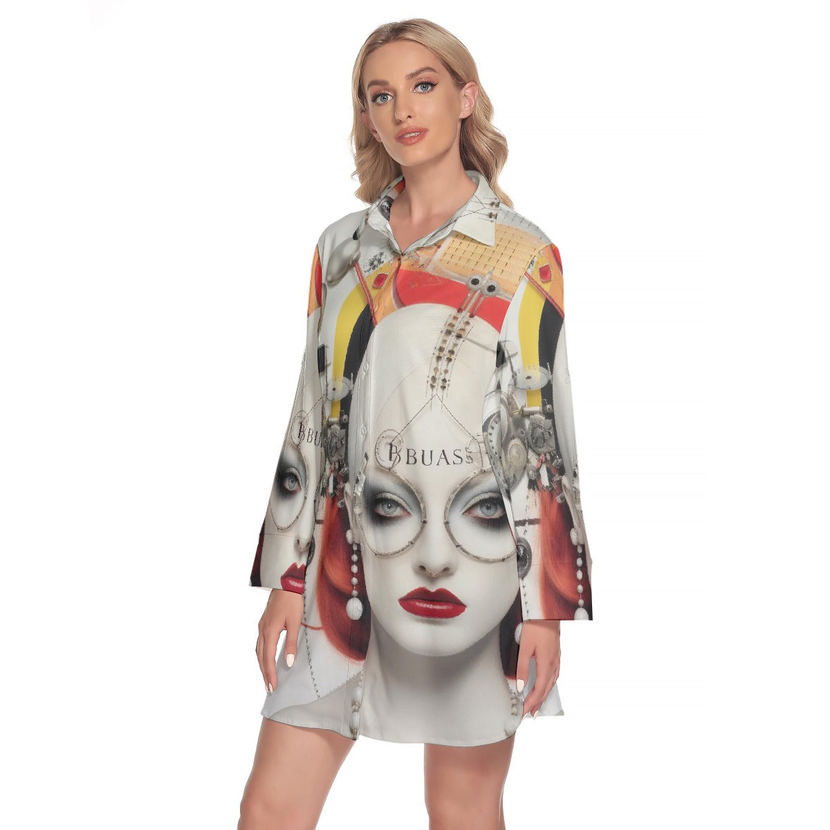 All-Over Print Women's Lapel Shirt Dress With Long Sleeve