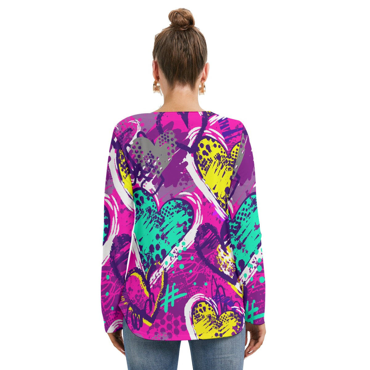 All-Over Print Women's Long Sleeve Neckline Tie Sweatshirt