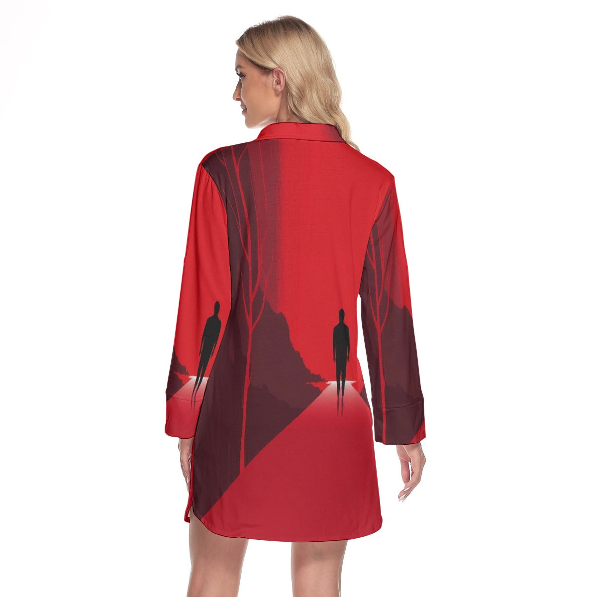 All-Over Print Women's Lapel Shirt Dress With Long Sleeve