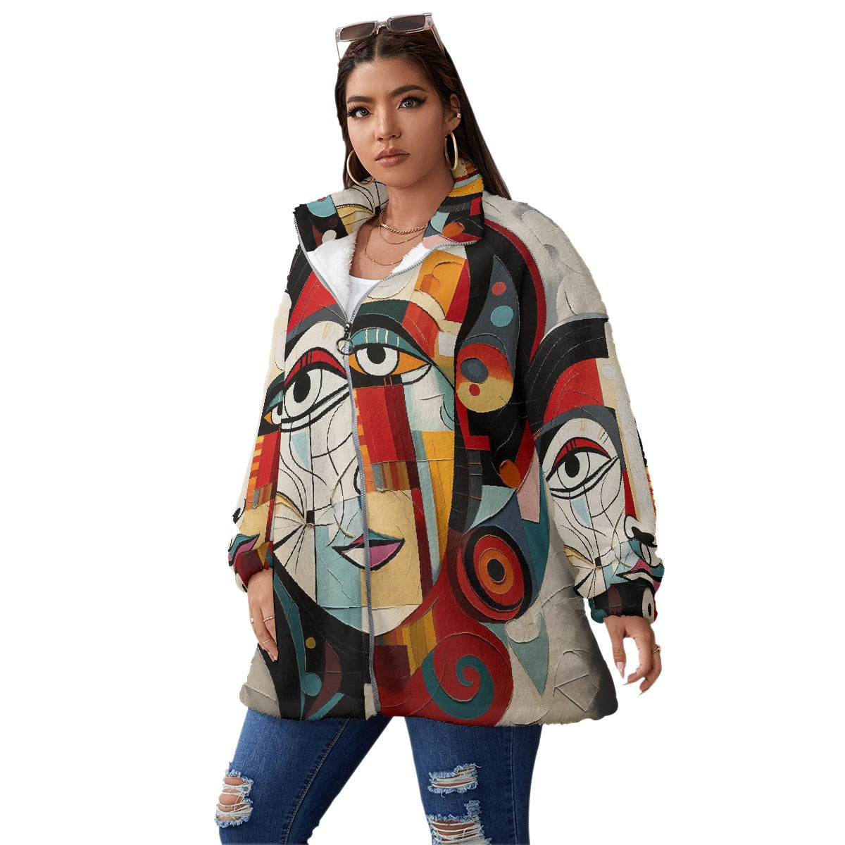 All-Over Print Unisex Borg Fleece Stand-up Collar Coat With Zipper Closure(Plus Size)