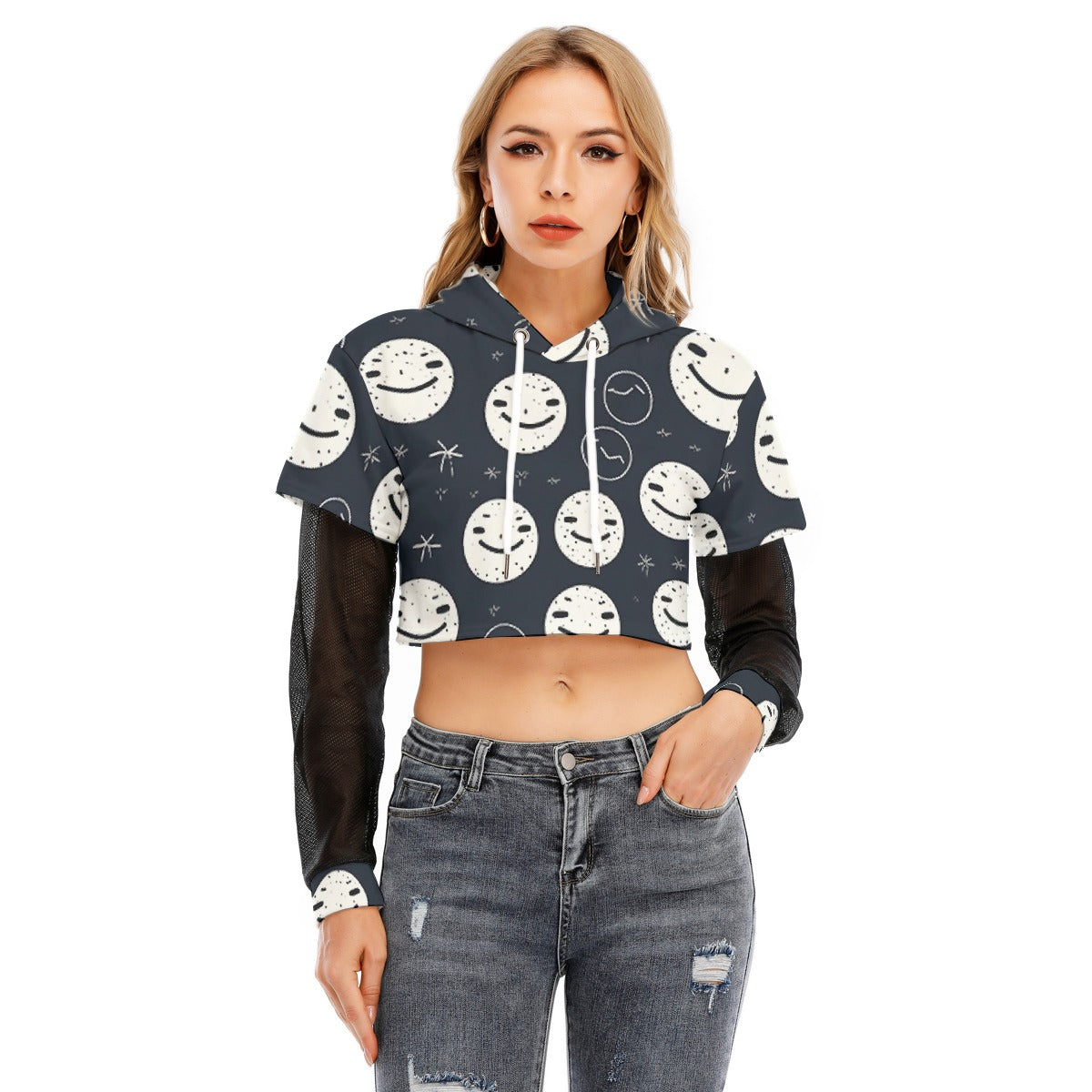 All-Over Print Women's Fake Two-piece Mesh Sleeve Cropped Hoodie