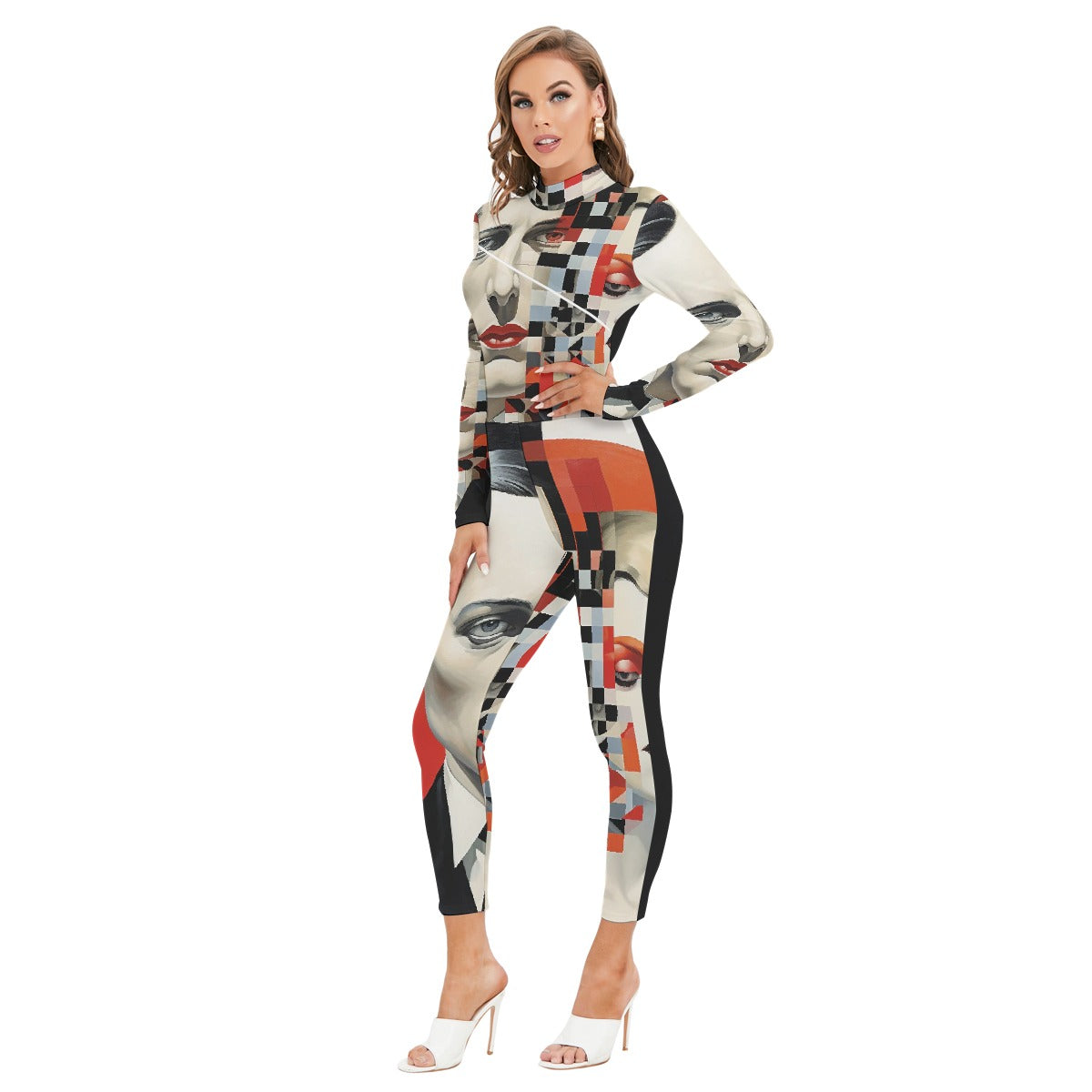 All-Over Print Women's Long-sleeved High-neck Jumpsuit With Zipper