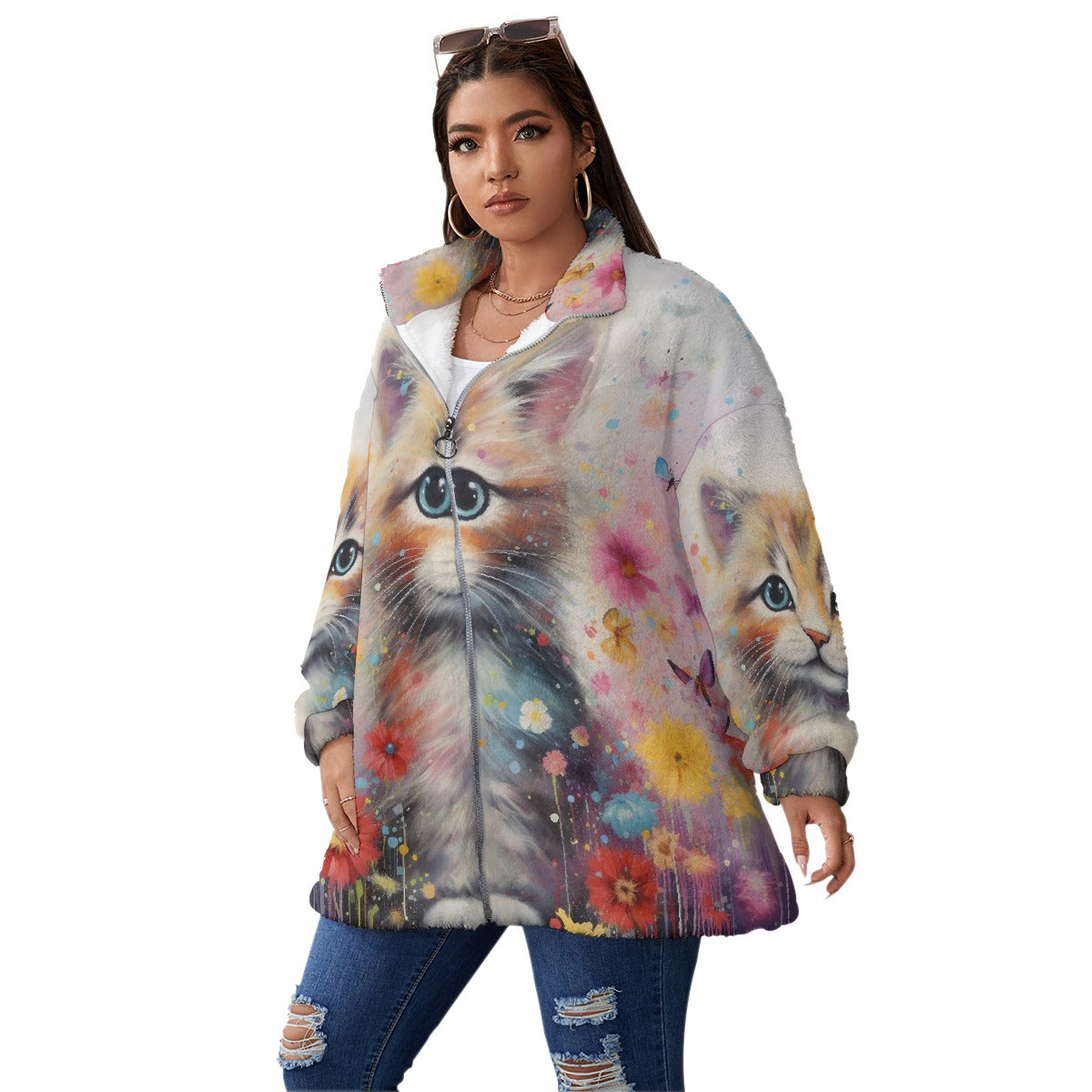 All-Over Print Unisex Borg Fleece Stand-up Collar Coat With Zipper Closure(Plus Size)