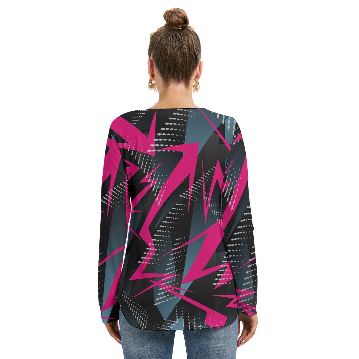 All-Over Print Women's Long Sleeve Neckline Tie Sweatshirt
