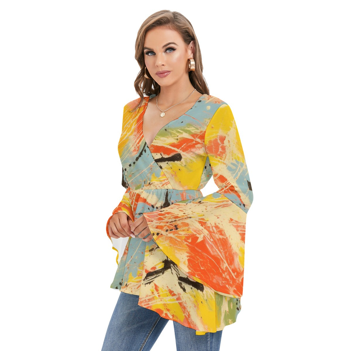 All-Over Print Women's V-neck Blouse With Flared Sleeves