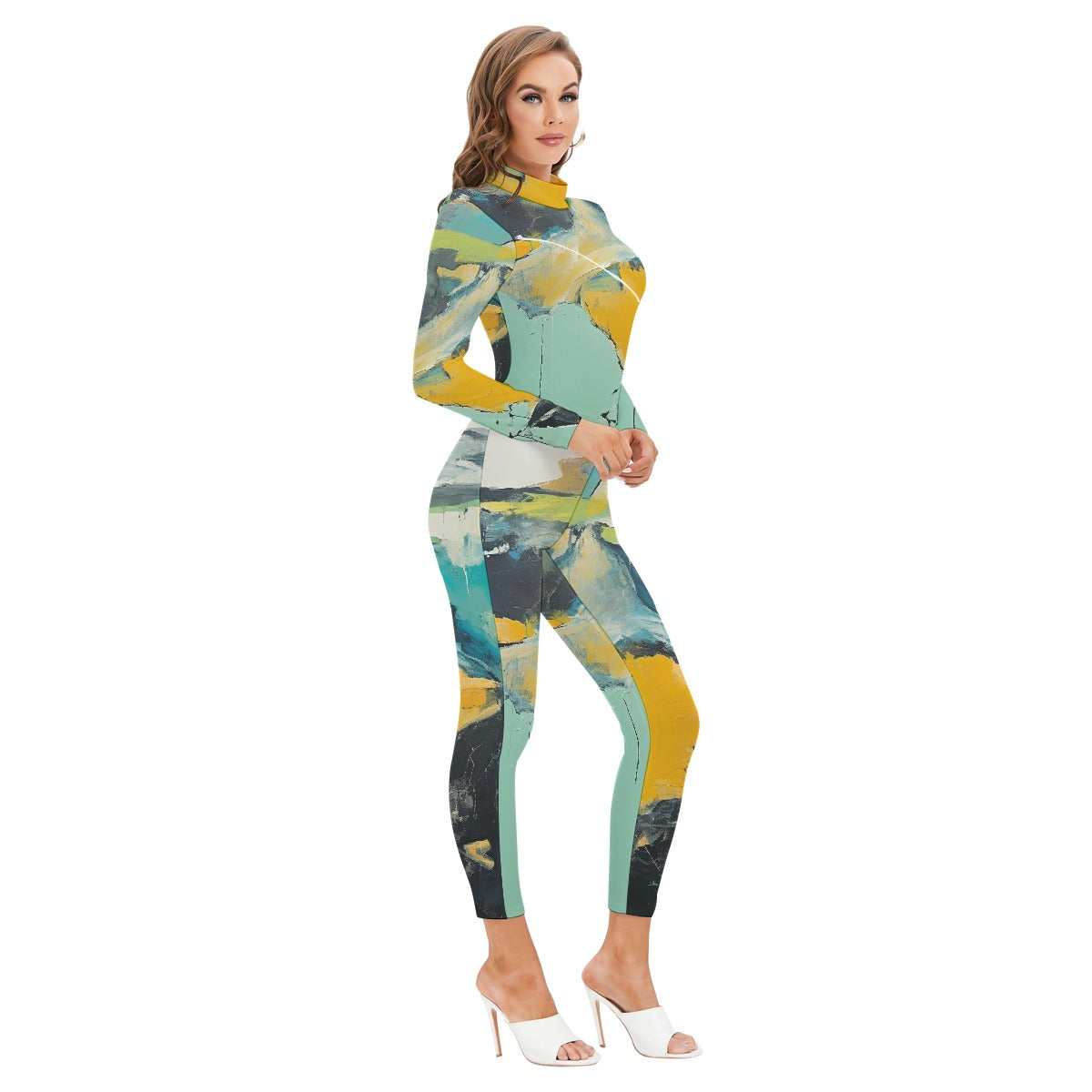 All-Over Print Women's Long-sleeved High-neck Jumpsuit With Zipper