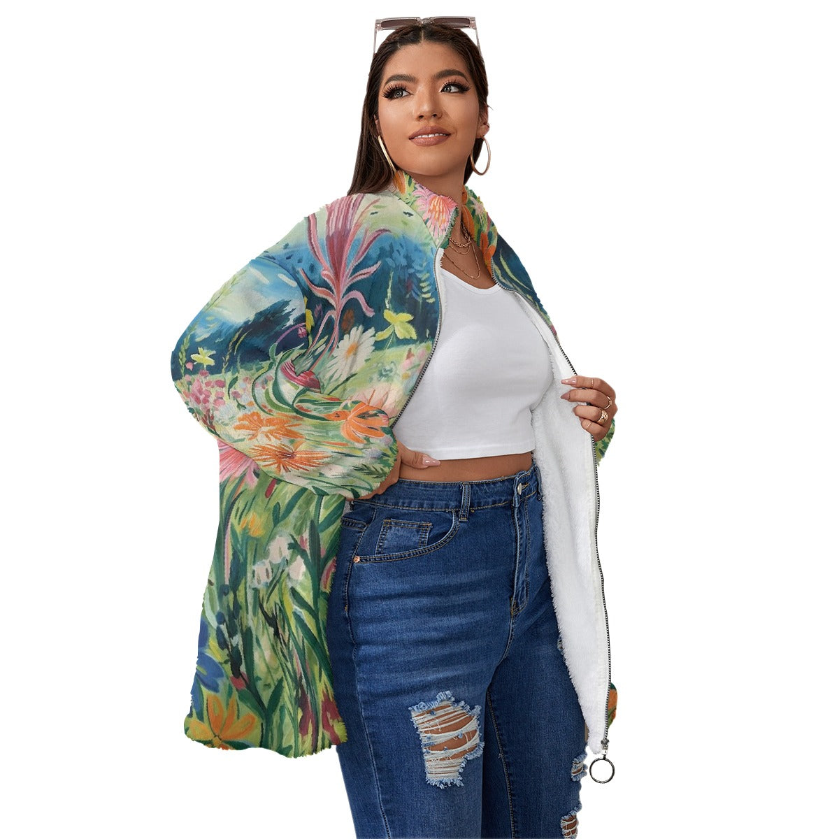 All-Over Print Unisex Borg Fleece Stand-up Collar Coat With Zipper Closure(Plus Size)