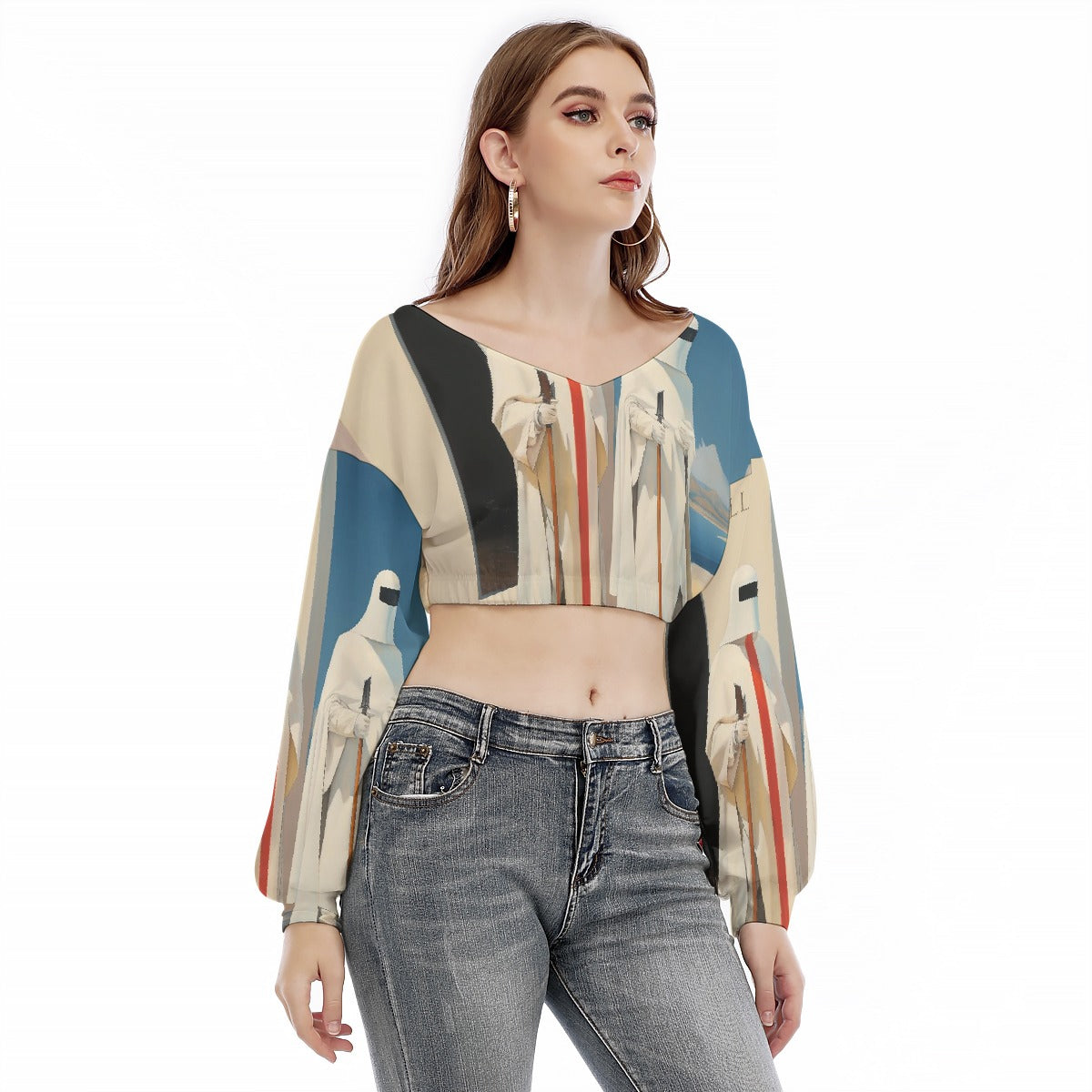 All-Over Print Women's V-neck Long Sleeve Cropped Sweatshirt