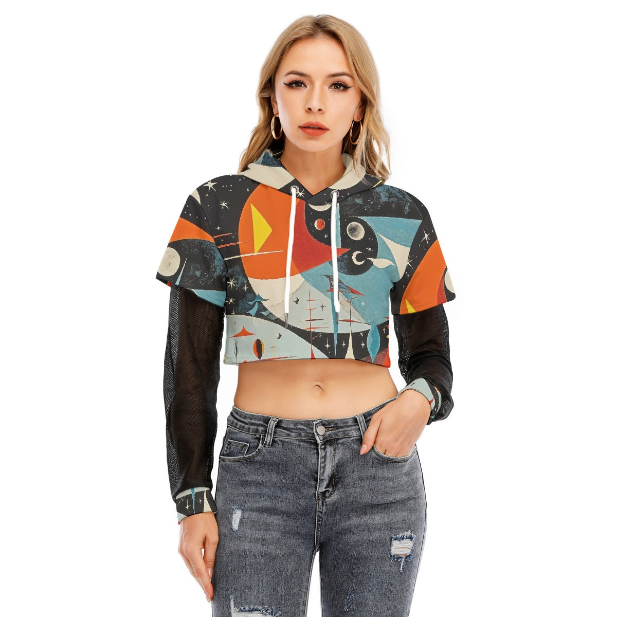 All-Over Print Women's Fake Two-piece Mesh Sleeve Cropped Hoodie