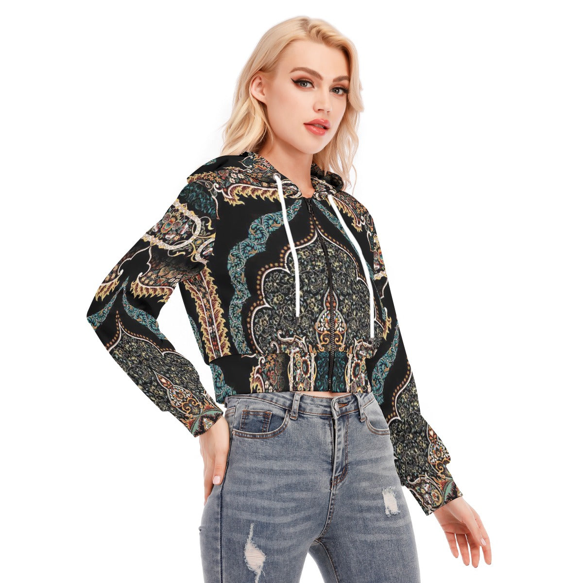 All-Over Print Women's Crop Top Hoodie With Zipper Closure