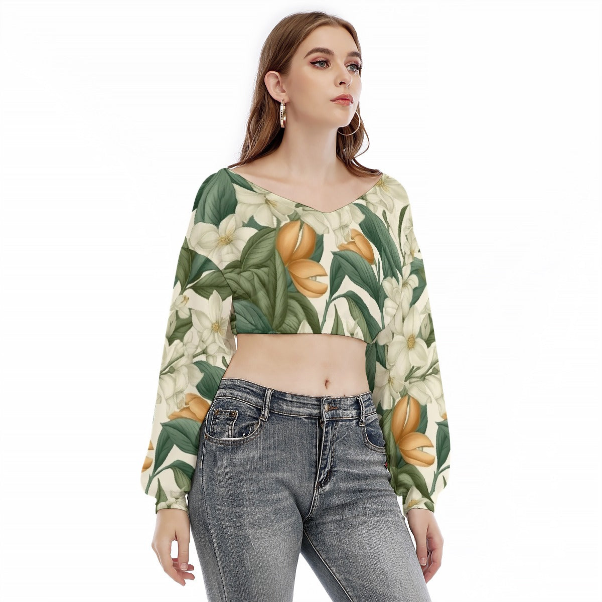 All-Over Print Women's V-neck Long Sleeve Cropped Sweatshirt