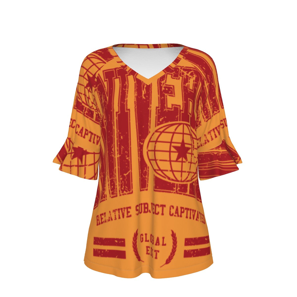 All-Over Print V-neck Women's T-shirt With Bell Sleeve