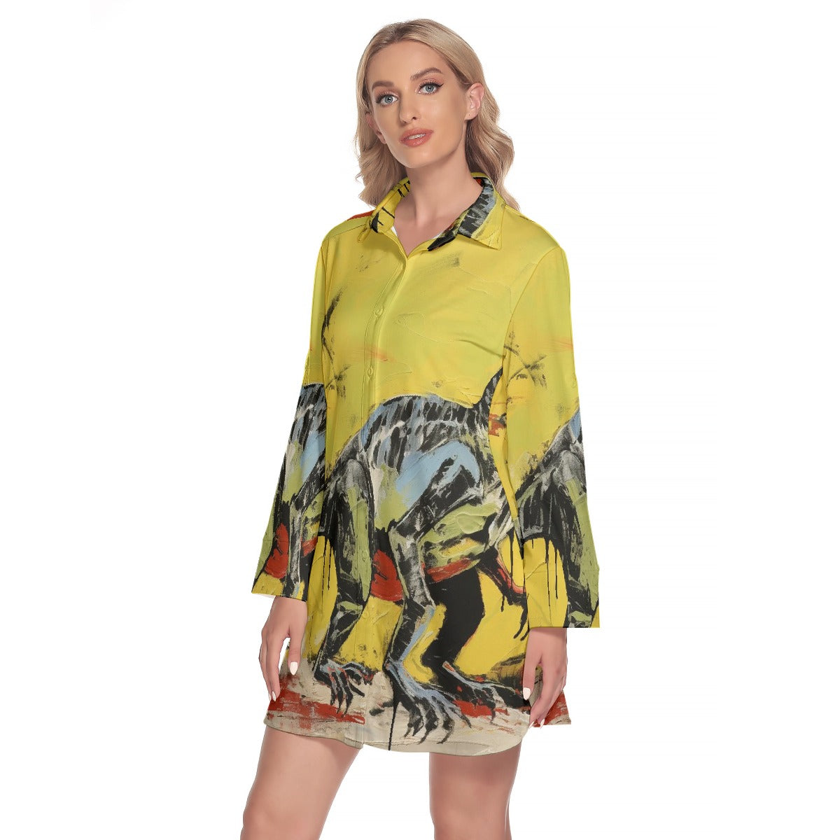 All-Over Print Women's Lapel Shirt Dress With Long Sleeve