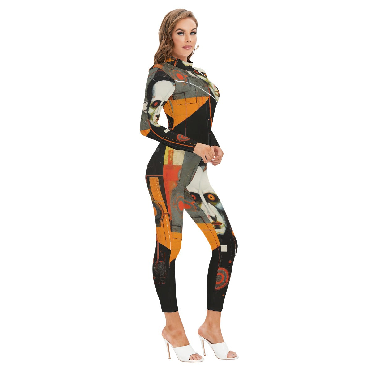 All-Over Print Women's Long-sleeved High-neck Jumpsuit With Zipper