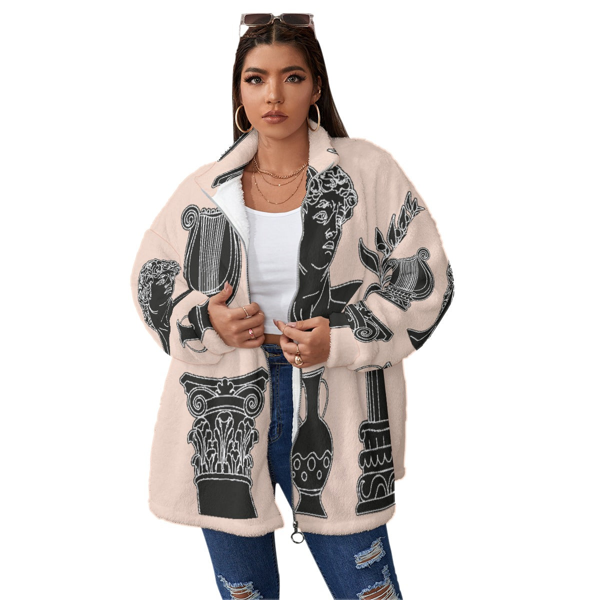 All-Over Print Unisex Borg Fleece Stand-up Collar Coat With Zipper Closure(Plus Size)