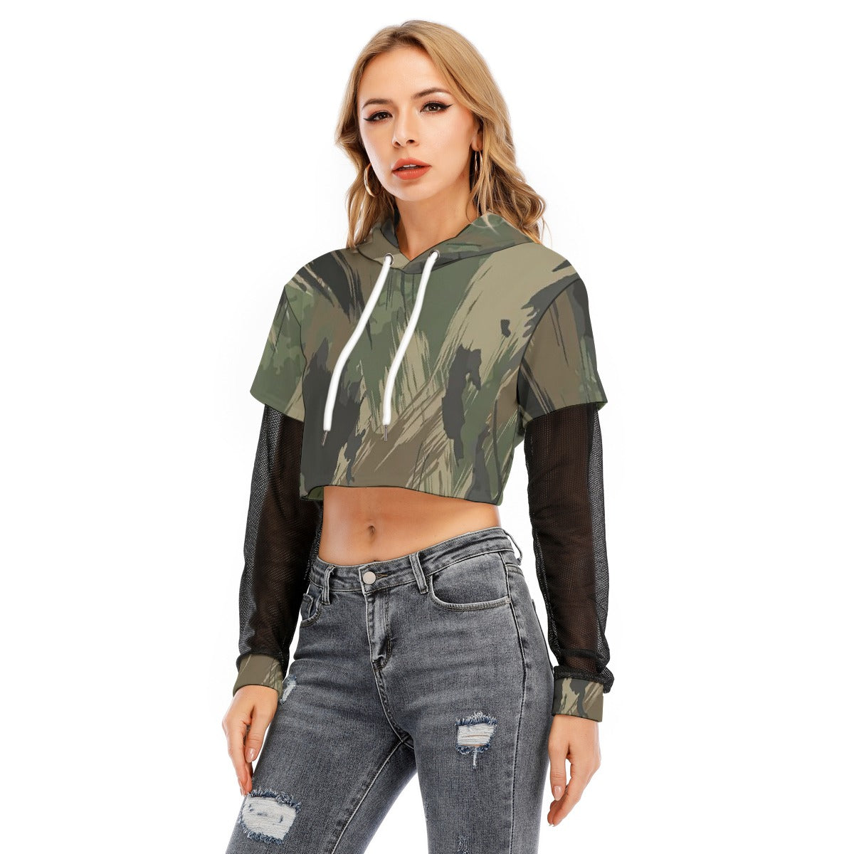 All-Over Print Women's Fake Two-piece Mesh Sleeve Cropped Hoodie