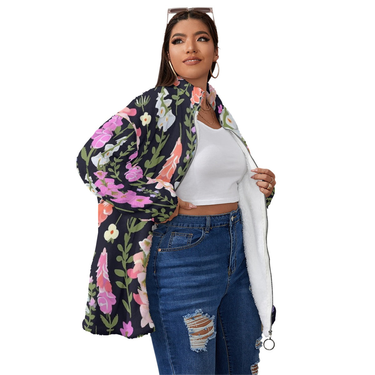 All-Over Print Unisex Borg Fleece Stand-up Collar Coat With Zipper Closure(Plus Size)