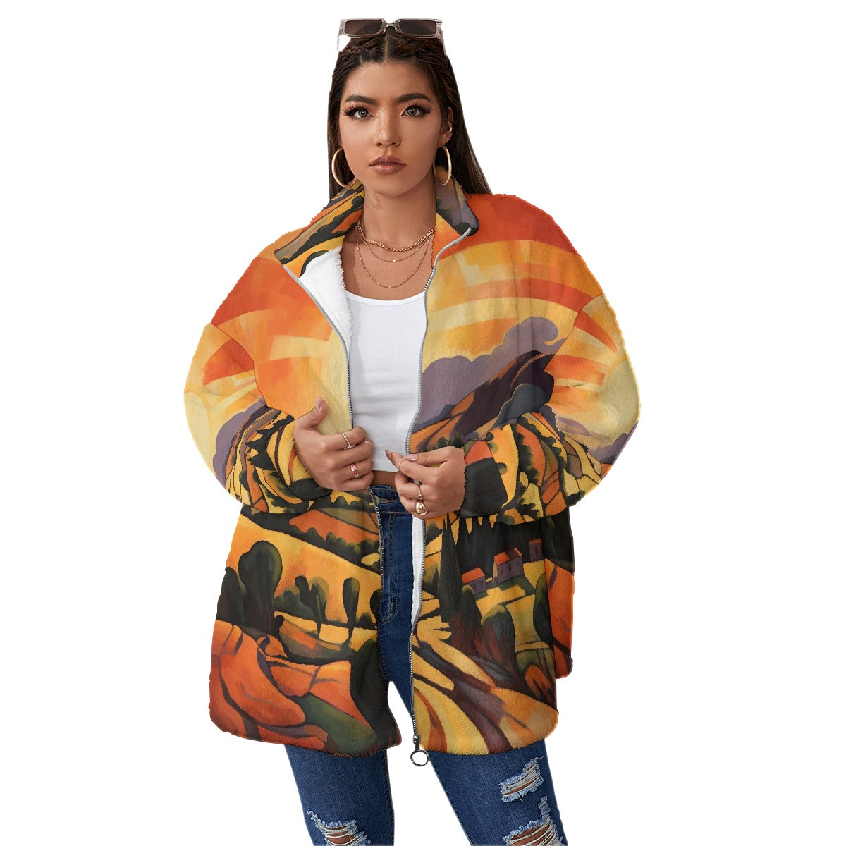 All-Over Print Unisex Borg Fleece Stand-up Collar Coat With Zipper Closure(Plus Size)