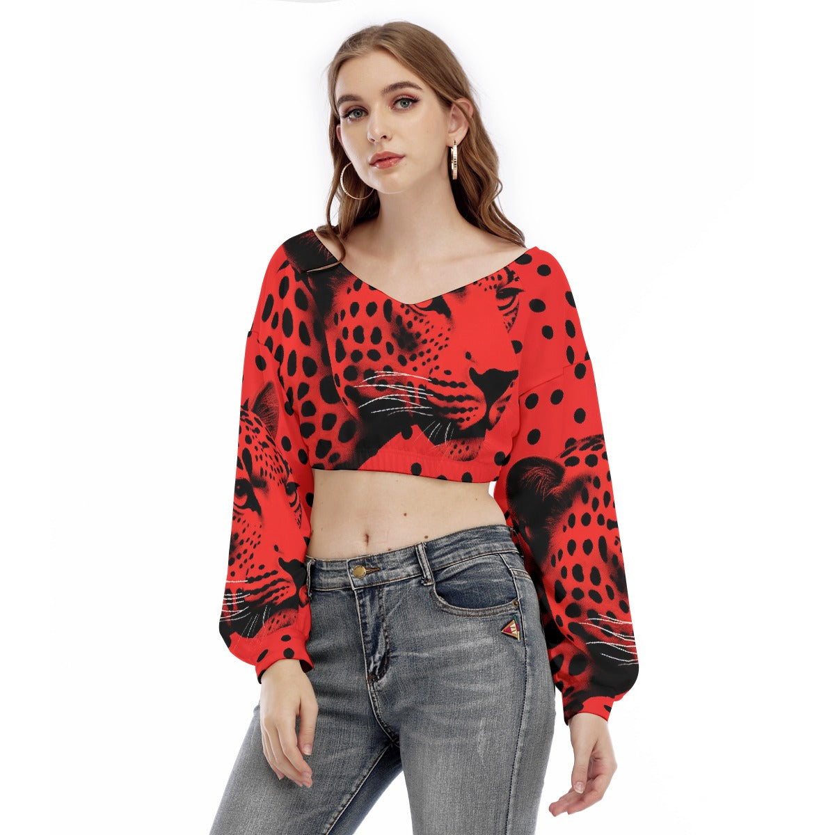 All-Over Print Women's V-neck Long Sleeve Cropped Sweatshirt