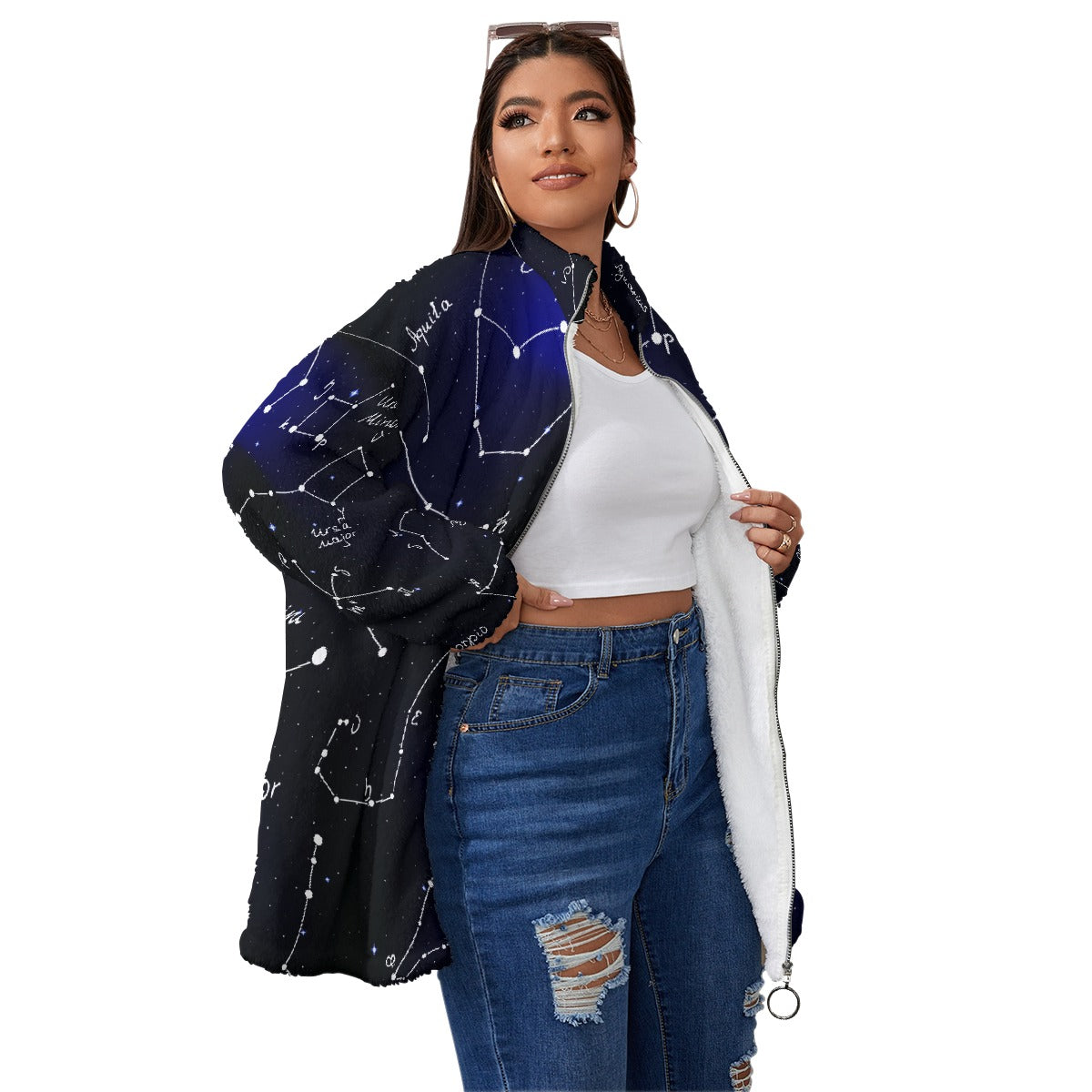 All-Over Print Unisex Borg Fleece Stand-up Collar Coat With Zipper Closure(Plus Size)