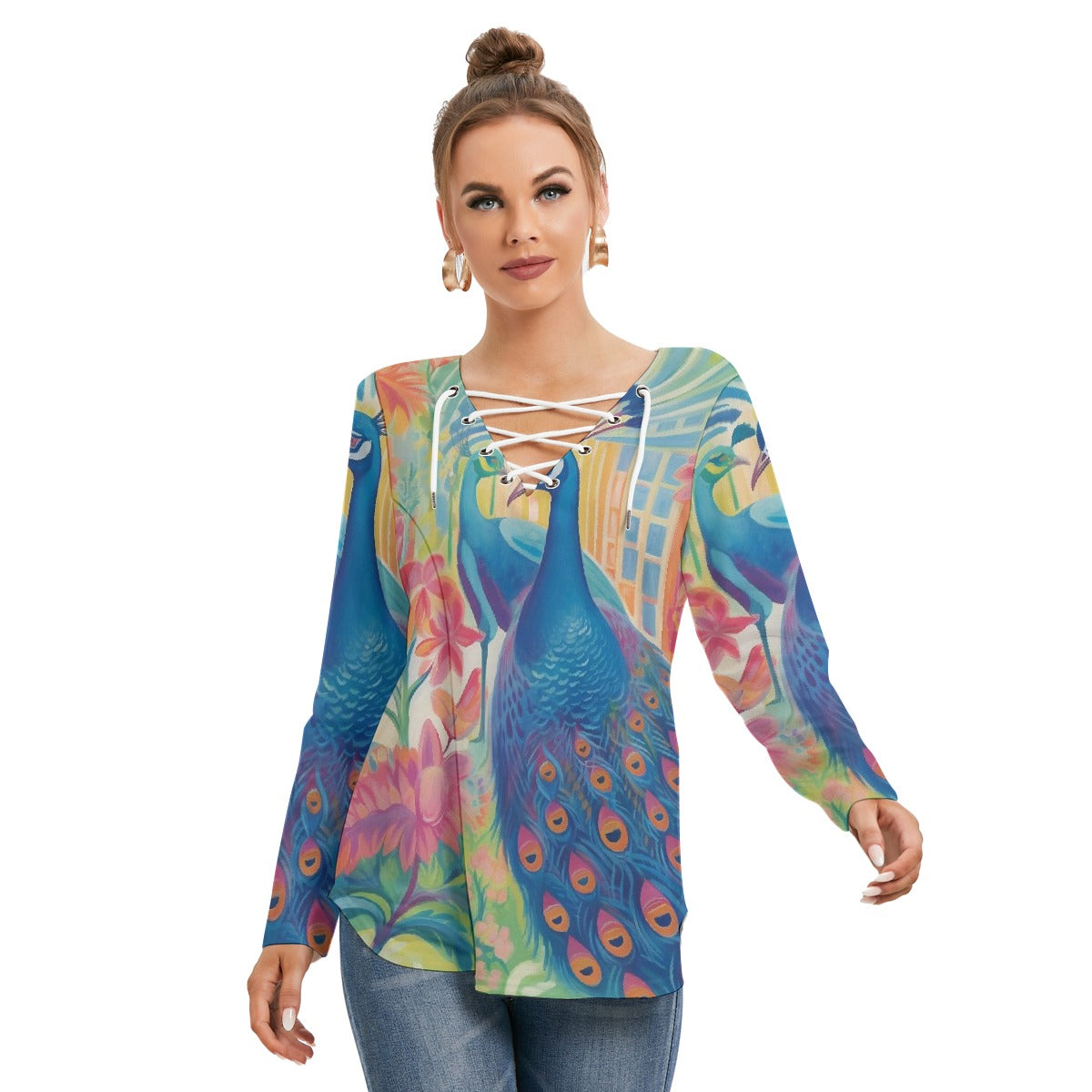All-Over Print Women's Long Sleeve Neckline Tie Sweatshirt