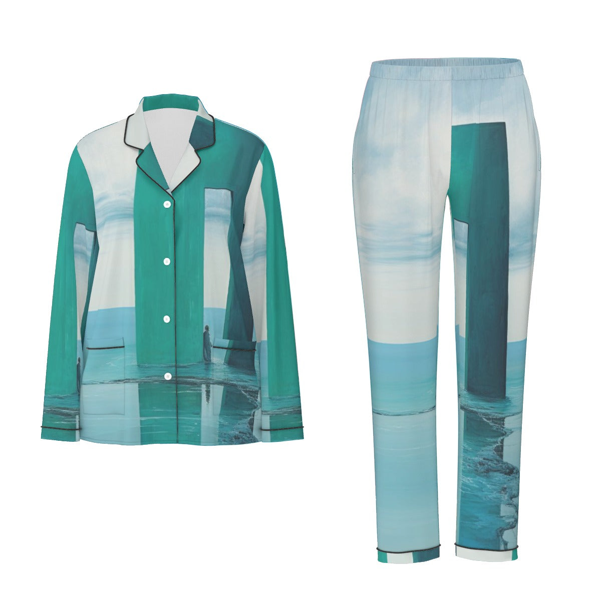 All-Over Print Women's Long Sleeve Pajama Set With Black Contrast Piping