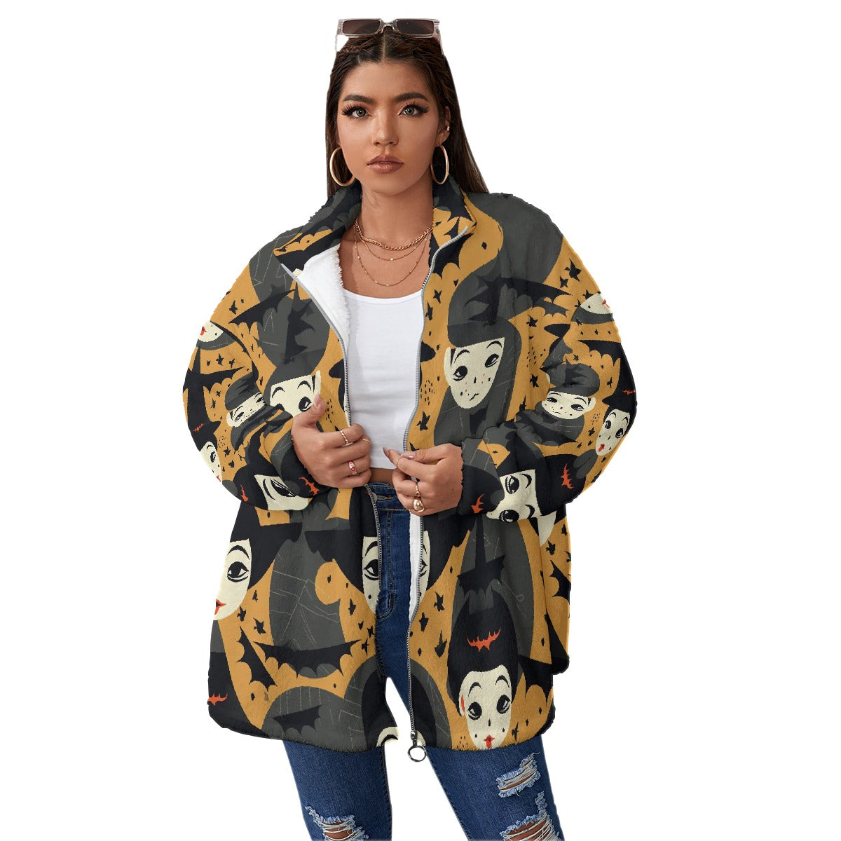 All-Over Print Unisex Borg Fleece Stand-up Collar Coat With Zipper Closure(Plus Size)