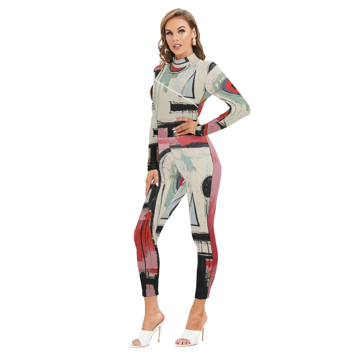 All-Over Print Women's Long-sleeved High-neck Jumpsuit With Zipper